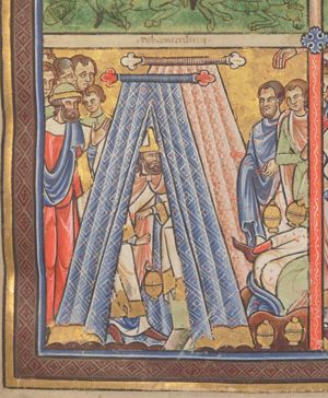 inside the Tabernacle, Aaron dressed as a bishop, swings a censer in front of an altar; to the right Korah is swallowed by the ground, while Dathan and Abiram, both holding a censer, one of them with a covered right hand, stand behind him; the `Dextera Dei' with the palm in front view, above them; to the left a group of Israelites, led by Moses(?), who raises his left hand with the palm in front view.