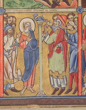 Moses with both hands forward and his index fingers upward, turns his head back to his right, looking at a group of Israelites, the foremost of which holds two small cylinders(?) connected by a cord(?); to the other side of the pole with the brazen serpent: a second group of Israelites; the foremost of these raises his right hand with the palm in front view, while his hat flies off; a second man has a cloth bound around his head, and he touches the first man's left arm.