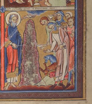 while the `Dextera Dei', appearing from a cloud, points at him, Moses strikes the rock; the Israelites catching water in a bowl or drinking from one; a cow, a deer and a horse are drinking from the water.