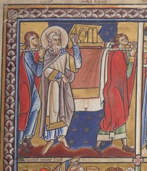 Moses raises his left hand, holding a candle(?) in front of the Ark of the Covenant, carried on poles by two men.