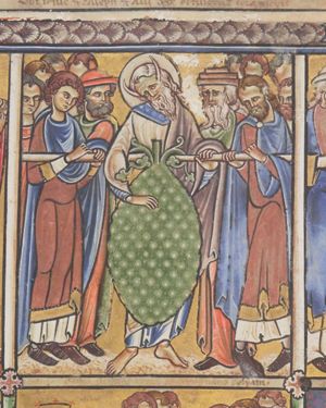 Moses stretches his hands forward, touching the grapes with his right and holding the carrying-pole on which the bunch is carried by two of the spies, with his left; his head slants to his right.