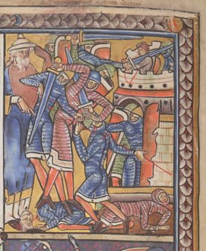 holding his right hand forward, pointing downward and bending his left hand as a fist toward his head, Joshua is standing behind a group of soldiers fighting with a group of soldiers coming out of a city-gate and with others, standing on a tower; two soldiers seem to be pulling something with a rope; one soldier is about to strike with the sword he raises with his right hand; the head of a beheaded man lies on the ground.