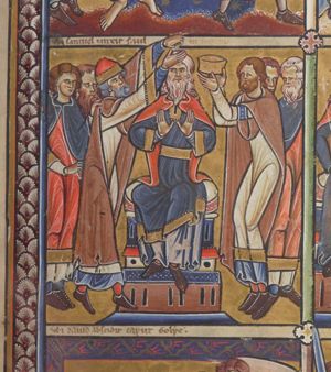 Saul, seen frontally, enthroned and holding both hands in front of his chest with the palms in front view, is anointed by Samuel who stands to his right with his hands stretched forward, pouring ointment on Saul's head with his left and spreading it out with his right; a man touches Samuel's shoulder; to Saul's left a group of three men, the foremost of which holds a crown in his raised hands next to Saul's head.