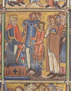 Saul, enthroned - seen in three quarter view - holding a sceptre in his right hand, stretches his left hand forward in a gesture of speech towards David, who is standing before him, with a shepherd's crook in his hand; a group of men surround him, holding Saul's armour; one of them touches David's shoulder with his right hand, holding Saul's helmet with his covered left.