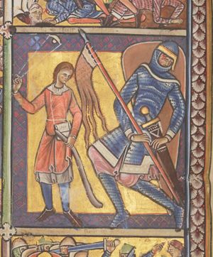 David, to the left, is holding his shepherd's crook in his left and turning his sling with his right hand; Goliath is staggering with his head turned to his left, carrying his shield on his back and a lance with a banner in his right hand.