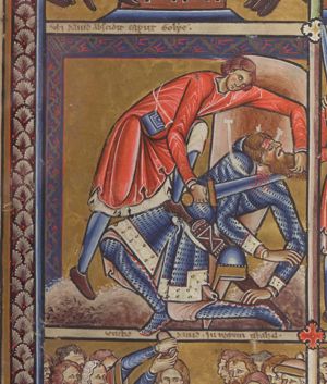 David pulls back, by his beard, the head of Goliath, who is kneeling, bent over backwards, and stepping upon his body, he cuts off his head, while the helmet falls on the ground; Goliath still carries his shield on his back.