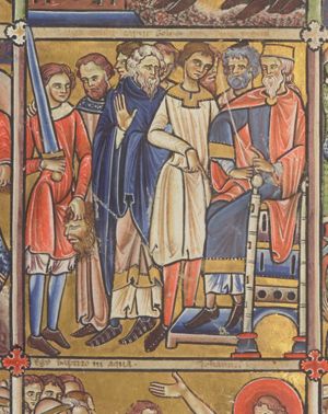 David, carrying Goliath's sword in his right hand, brings Goliath's head, which he carries in his left hand, to Saul, who sits on his throne to the right - in three quarter view - holding his left hand forward in a gesture of speech and holding a sceptre in his right hand, resting on his thigh; his feet on a footstool; a group of men between Saul and David making various gestures: one holds his right hand forward pointing down; a second one holds his right hand in front of his chest with the palm in front view, his right hand covered; a third one lays his hand around David's shoulder.