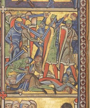 while his army is defeated by the Philistines, Saul, lying face down but turning his head back to his left and stretching his left hand forward, kills himself with a sword which he holds in his right; his armour-bearer, crouching, also runs himself through with a sword.