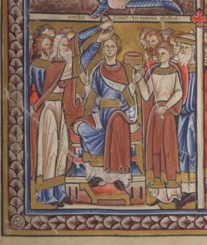 David, seen frontally, is enthroned and holds both arms sidewards with the palms in front view; one of the elders, to his right, stretches both hands forward, pouring ointment over his head from a jar with his left and spreading it out with his right; behind him, another one of them stretches both hands forward, pulling the first one's cloak aside; to David's left a young man offers him a crown and sceptre; on both sides a small group of men.
