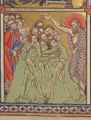John the Baptist, standing at the right, stretches his right hand forward, with the palm in front view, above a group of people, standing immersed in the river, looking at him; one of them stretches both hands forward, with the palms turned towards each other while another lays his hands on his shoulder; to the left a group of people watch the baptizing, the foremost of them stretches his left hand forward with the palm in front view.