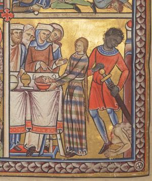Salome puts a dish with the head of John the Baptist on the table in front of her mother, who holds both hands forward, the left with the palm in front view, the right one forward, making a speaking gesture with the index finger downwards; Herod stretches his left hand forward, making the gesture of speech with the index finger down; behind Salome (with a pony-tail), to the right, the executioner (a man with a dark face), pushes his sword back into the sheath, his head slanting to the left, looking down at the beheaded body of the Baptist, fallen on the ground.