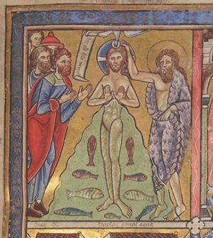 John the Baptist, standing at Christ's left, touches with his right hand the head of Christ, who is represented with both hands in front of his chest, with the palms in front view, like an `orans'; the Holy Ghost, as a dove, descends; the `Dextera Dei' holding an inscribed scroll, next to the dove; to Christ's right a few men stand on the shore, the foremost of whom stretches out both hand hands with the palms towards each other.