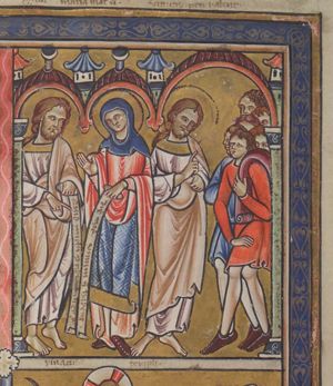 Mary, holding an inscribed scroll, stretching her right hand forward with the palm in front view; Christ with an inscribed scroll in his left, holding his right hand forward making a gesture of speech with the finger down; architectural setting.
