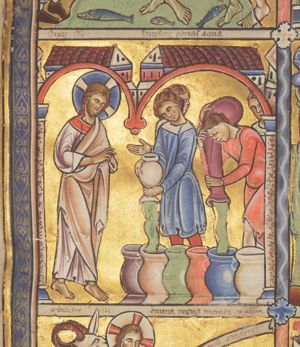 four men, two of which are pouring water from a jar and a water-bag into two of six jars, are standing opposite Christ who holds his right hand forward in a blessing gesture, his left hand covered; architectural setting.