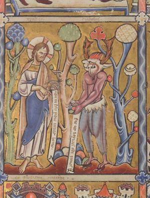 Satan, a devil in phantasy shape, holding his hands downward, pointing down with the right, holding an inscribed scroll in his left, asks Christ, who is standing opposite him, with the right hand forward, making a speaking gesture with the index down, and with an inscribed scroll in his left, to `command these stones to become leaves of bread'; trees.