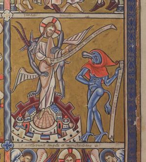 Satan, a devil in phantasy shape, holding his left hand, with an inscribed scroll, sidewards, pointing at it with his right hand in front of him, looks at Christ, who is standing on the roof of the temple - a domed building in a walled city - holding an inscribed scroll in his right, stretching his left hand forward in a gesture of speech; a second devil in phantasy shape, standing behind Christ, bends forward and pushes Christ's left arm and right leg downward.
