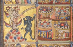 spread out over two compartments: LEFT: Satan, a devil in phantasy shape, - seen in back view - with both arms raised, holding an inscribed scroll in the right hand and making a beckoning gesture with the left, turns his head back to his left and looking up at Christ, says `all these will I give you'; Christ, stretching both arms forward, with an inscribed scroll in his left, pointing down with the right, while a second devil in phantasy shape behind him, puts his left hand on Christ's left arm and his right hand on Christ's abdomen; RIGHT: four cities with precious vessels symbolizing the (four) world empires.