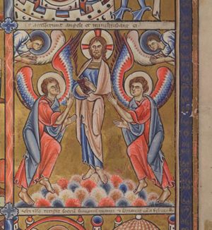 at either side of Christ, who holds a book, a flying and a standing angel, stretching both hands forward, with palms towards each other.