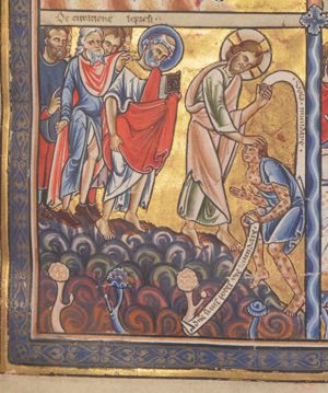 a leper with an inscribed scroll in his left and with his right hand forward, with the palm in front view, bows while ascending the hill with trees, where Christ and the apostels are standing; Chrsit holds an inscribed scroll in his left and touches with his right, with which he simultaneously makes a blessing gesture, the head of the leper; the apostles make various gestures: Peter holds a book in his covered left, pulling up his cloak with his right; another apostle puts his left hand forward, pointing, pushing his cloak aside with his right; a third one holds his right hand forward in a gesture of speech.