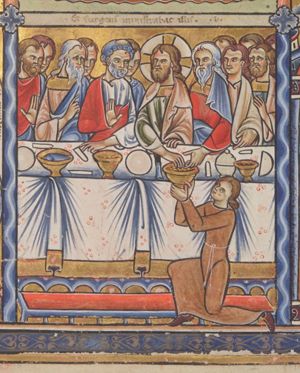 Peter's mother-in-law kneels on one knee in front of a table, holding a bowl with both hands raised; Christ and an apostle at his left stretch a hand forward, taking food from the bowl; Christ turns his head to his right, looking at Peter, who holds his right hand in front of his chest with the palm in front view and stretches his left hand sidewards to the right, touching a bread-roll(?); other apostles make the following gestures: one holds his hand in front of his chest in a gesture of speech, one holds his left hand in front of his chest with the palm in front view; one touches someone else's arm.