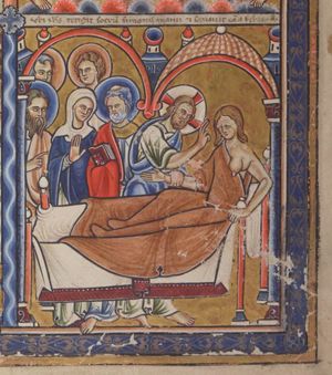Peter's mother-in-law lying in bed with uplifted upper part of her body, one breast bare, and with her right hand held by Christ with his left hand while he stretches his right hand forward and makes a blessing gesture; Peter holds a book in his covered left and looks at the woman to his right (his wife?) who holds her right hand in front of her chest, with the palm in front view; to the left three more apostles, one of which holds his right hand in front of his chest in a gesture of speech; architectural setting.