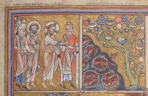 spread out over two compartments: LEFT: Christ, holding an inscribed sceoll in his left, stretches his right hand forward, pointing at (RIGHT) a hill, where foxes leave and enter holes and where birds nestle in a tree; also LEFT: the scribe, wearing a hat, holding his right hand forward with palm turned up and with an inscribed scroll in his left, turns his head back to his right, looking at Christ; behind Christ: Peter with a closed scroll in his left, pulling up his cloak with his right; the foremost of the other apostles also holds a closed scroll in his left.