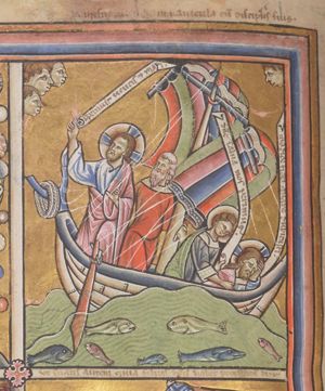 an apostle, holding an inscribed scroll in his left, touches with his forward stretched right hand the shoulder of Christ, who is sleeping with his head resting in his left hand, an inscribed scroll above his head; a head symbolizing wind in the upper right corner.