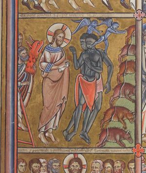 Christ, with a closed scroll in his covered left, puts his right hand forward in a blessing gesture; the demons - small winged devils - leave the mouths of the two possessed, dark-skinned men, who are wearing a loin-cloth; both turn their head back to their right; the foremost turns his hands sidewards, back to Christ; the other one holds his left hand down; the devils stretch both hands forward in the direction of the swine, leaping into the sea; behind Christ, Peter steps down a ladder, clinging to the prow of the boat.