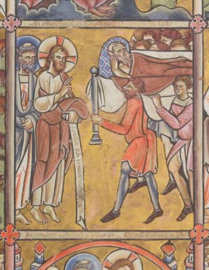 a paralytic lying in bed with his head resting in his hand, is carried before Christ, who holds an inscribed scroll in his left hand and stretches his right hand forward in a blessing gesture; Peter, standing behind him, holds his right hand in front of his body with the palm in front view, and a closed scroll in his left.