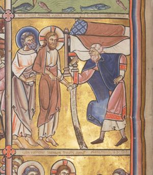with his left hand on his hip, and carrying the bed on his right shoulder, the man stands before Christ, who holds an inscribed scroll in his left and stretches his right hand forward in a gesture of speech with the index down; Peter puts his left hand on Christ's shoulder, holding a closed scroll in his left which he puts forward in a gesture of speech(?).