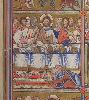 Christ, seated behind a table - seen frontally - stretches his right hand forward, pointing down at Jairus, wearing a hat, lying face down in front of the table, holding Christ foot with his left and an inscribed scroll with his right hand, looking up at Christ; the apostles at either side of Christ, making various gestures: one is slicing bread; Peter holds his right hand in front of his chest in a gesture of speech; a third one holds a piece of bread in his forward stretched left hand.