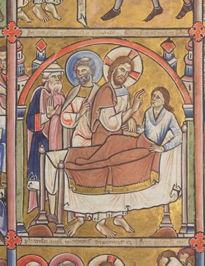 Christ holds the right hand of Jairus' daughter with his left an makes a blessing gesture with his right hand forward; the girl is lying in bed with uplifted upper part of her body; behind Christ: Peter who holds his right hand in front of his chest making a gesture of speech, and turns his head to his right, looking at Jairus, who holds his right hand in front of his chest, with the palm in front view and is wearing a hat; architectural setting.