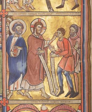 Christ, holding an inscribed scroll in his left hand, touches and blesses the eyes of the foremost of two blind men, who stretches both hands forward, his right with the palm in front view, holding an inscribed scroll in his left; the second man holds his left hand in front of his chest with the palm in front view; Peter, behind Christ, holds a book.