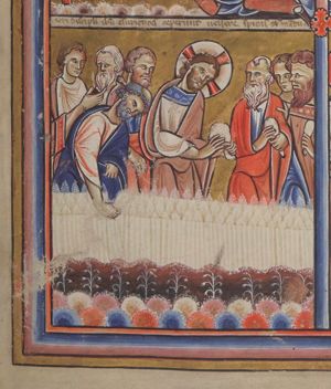 Christ and his disciples plucking or holding ears of corn, making various gestures: Christ holds an ear of corn with his hands forward; one of the apostles stretches his right hand forward in a gesture of speech; another one touches a third one's shoulder.