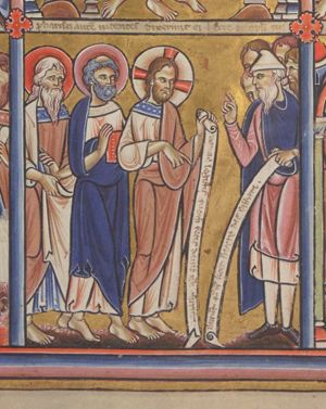 to the right a group of Pharisees, the foremost wearing a cap, holding an inscribed scroll in his left and raising his right hand in a gesture of speech; opposite him: Christ, holding an inscribed scroll in his left and holding his right hand forward, making a speaking gesture with his index down, followed by Peter, holding a book and another apostle who pulls up his cloak.