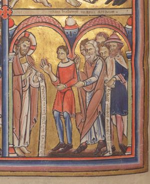 Christ, holding an inscribed scroll in his left hand, holds his right hand in front of his chest, making a blessing gesture towards a man who raises an abnormally large right hand, and who is followed by a group of men, of whom the foremost touches his elbow and raises his right hand in a gesture of speech; one of the others, a Pharisee, wearing a hat, holds an inscribed scroll in his left hand; architectural setting.