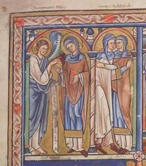 Mary, standing to the right with a book in her left hand and holding her right hand forward with the palm in front view, is visited by Gabriel who holds an inscribed scroll in his left hand and stretches his right hand forward in a gesture of speech; architectural setting.