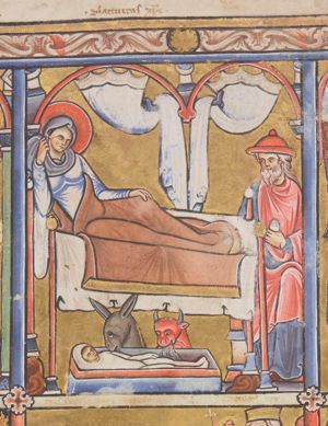 Mary, reclining in bed with uplifted upper part of her body, resting on her right elbow, holding her head-scarf; Joseph, wearing a hat, seated at her feet, to the right, holding a closed scroll in his left hand; the Christ-child in the manger with the ox, eating straw from the manger, and the ass, in front of Mary's bed; architectural setting; curtains.