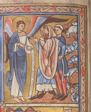 an angel standing to the left, holding an inscribed scroll in his left and with his right hand in front of him making a speaking gesture with the index down, addresses three shepherds one of whom is seen in back view, raising his left in a gesture of speech and bending his right arm down, behind his back.