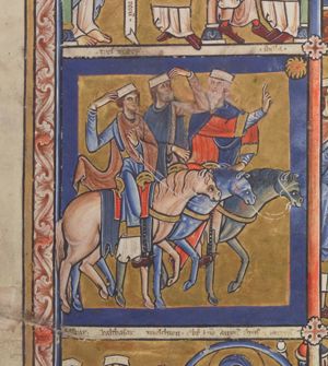 the Wise Men riding from left to right, making various gestures: the foremost stretches his right hand forward, pointing at the Star of Bethlehem, turning his head back to his right, looking at the second who bends his left hand to his head, as if to protect his eyes(?); the third one bends his right hand towards the back of his head.