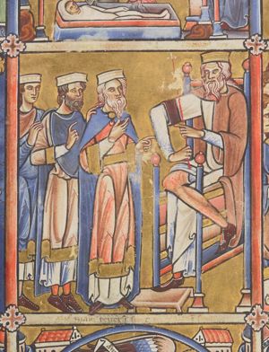 king Herod, sitting to the right - seen in three quarter view - with his legs crossed, stretching his left hand forward in a gesture of speech, and holding a sceptre in his right hand, resting on his thigh; his left foot on a footstool; the Magi opposite him making various gestures: the foremost stretches his left hand forward in a gesture of speech, while holding his right hand in front of his chest with the palm turned upwards; the second one has put his left hand on the first one's shoulder and holds his right hand in front of his chest, making a speaking gesture; the third one holds him by his arm.