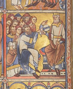 king Herod, sitting to the right, holding a sceptre in his left hand which he rests on his knee, and stretching his right hand forward making a speaking gesture, directed at the foremost of the members of the Sanhedrin, who has both hands raised, with an astrolabium hanging on his left thumb, at which he points with his right hand; behind him one of the others is pointing with his left hand at an open book, held in front of his chest: the other members, some of which wear a hat, form a tight group.