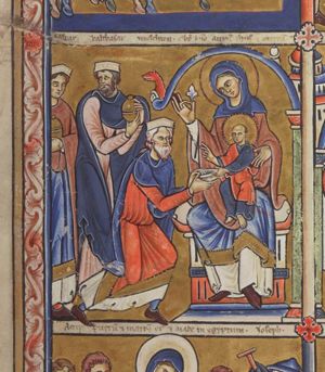 the Wise Men present their gifts to the Christ-child, who sits on the left knee of Mary - enthroned under a canopy, holding her right hand forward with a flower - and stretches both hands forward, making a blessing gesture with his right and receiving a bowl out of the hands of the foremost of the Wise Men, who holds it with both hands stretched forward, while he is kneeling; the second Magus, holds a pyx with both hands, and turns his head back to his right, looking at the third, also holding a pyx.