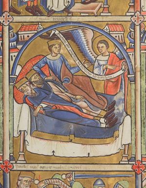 an angel, holding an inscribed scroll in his left hand, and with his left hand in front of his chest, pointing at the scroll,stands at the bedside of the Magi, together in one bed; two of them are sleeping, one of them lies with uplifted upper part of the body, leaning on his right arm and stretching his left hand forward with the palm in front view; architectural setting.