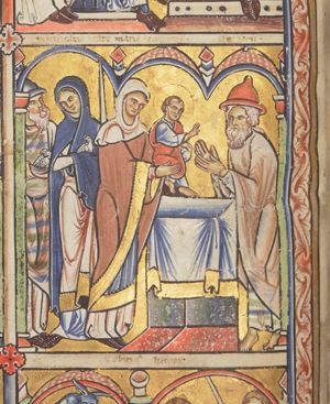 Mary, standing to the left of the altar, presents the Christ-child, who stretches his right hand forward in a blessing gesture, over the altar to Simeon, who wears a Jew-hat(?) and reaches for the child with both hands forward with the palms turned towards each other; Anna, holding a dove in her covered right hand, turning her head back to her right and looks at Joseph, also carrying doves and wearing a hat; they follow Mary; architectural setting.