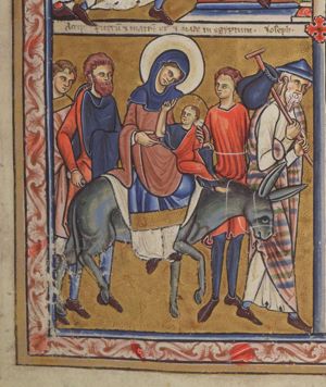 Joseph, wearing a hat and carrying a staff with a bag over it, over his shoulder, walks next to the head of the ass; a young man behind him turns his head back to his right, looking at Mary, who is riding on the ass, holding the Christ-child, who turns his head back to his right and raises his right hand backwards, in a blessing gesture, directed at James the Less(?), following the ass with a whip in his right hand; behind him a second youth.