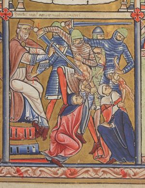 king Herod, sitting with his legs crossed - seen in three quarter view - holding a sceptre in his left hand, resting on his thigh, and stretching his right hand forward in a commanding gesture; a child is torn form its mother, by its arm, while she clings to its foot; another one is torn away by his hair, while the mother holds on to the legs; a soldier kicks one of the mothers.