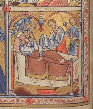 king Herod stabs himself with a dagger, lying in bed; a devil grabs his soul, shaped like a little human being, leaving his mouth; a man holding a apple(?) in his forward stretched, covered hands and a man holding a candlestick approach the bed; architectural setting.