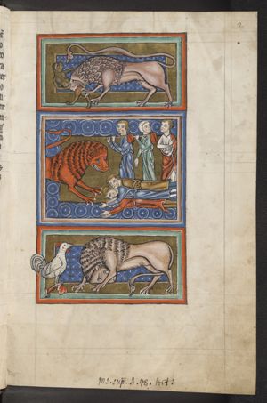 A lion attacking a monkey; men lying prostrate in front of a lion; a lion bowing to a cock