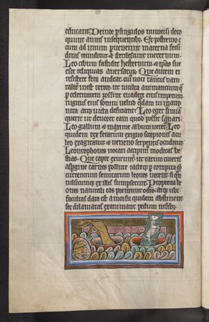Lion jumping into a pit; a lamb tied to a board